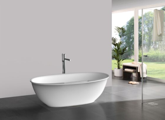 63″ Oval solid surface bathtub with towel slot – Matt Finish