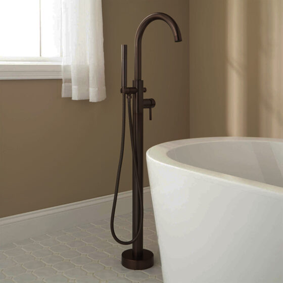 deck mount faucet with goose neck and hand held shower - Oil rubbed bronze