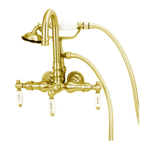 Wall mount faucet with goose neck and hand shower - Satin Brass