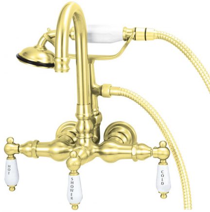 Wall mount faucet with goose neck and hand shower - Polished Brass
