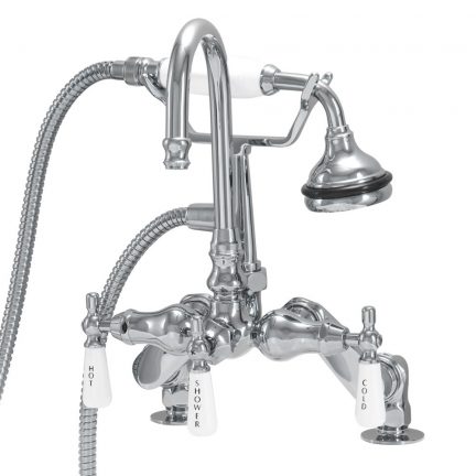 deck mount faucet with goose neck and hand held shower - Chrome