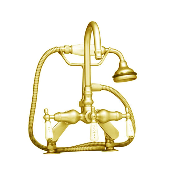 Satin Brass deck mount facet with adjustable swing arm