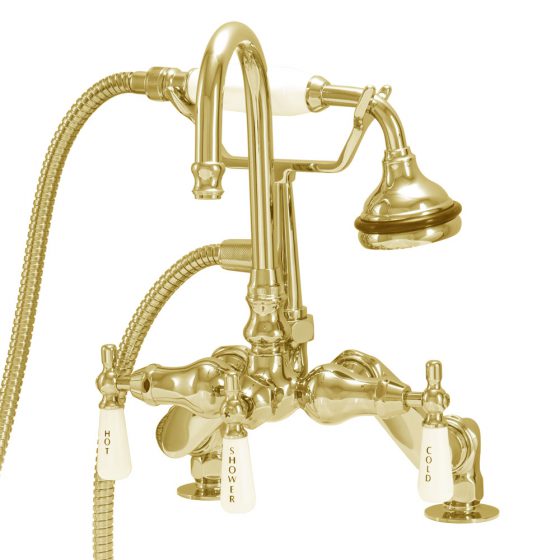 deck mount faucet with goose neck and hand held shower - Polished Brass