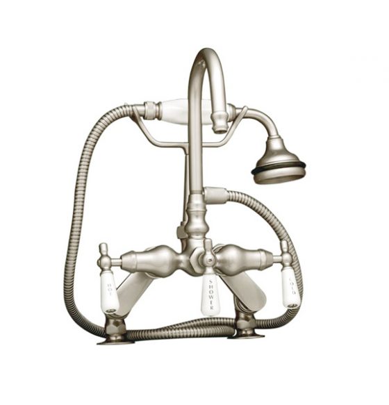 deck mount faucet with goose neck and hand held shower - Brushed Nickel