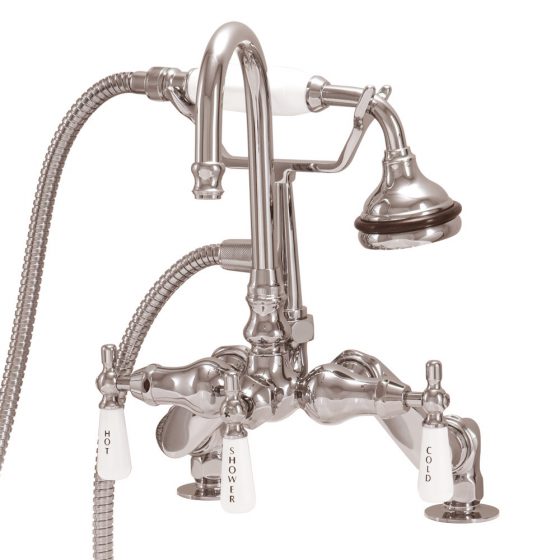 deck mount faucet with goose neck and hand held shower - Polished Nickel