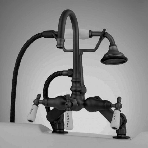deck mount faucet with goose neck and hand held shower - Matte Black