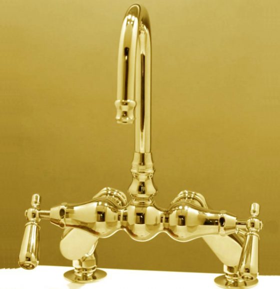Polished Brass deck mount faucet with goose neck